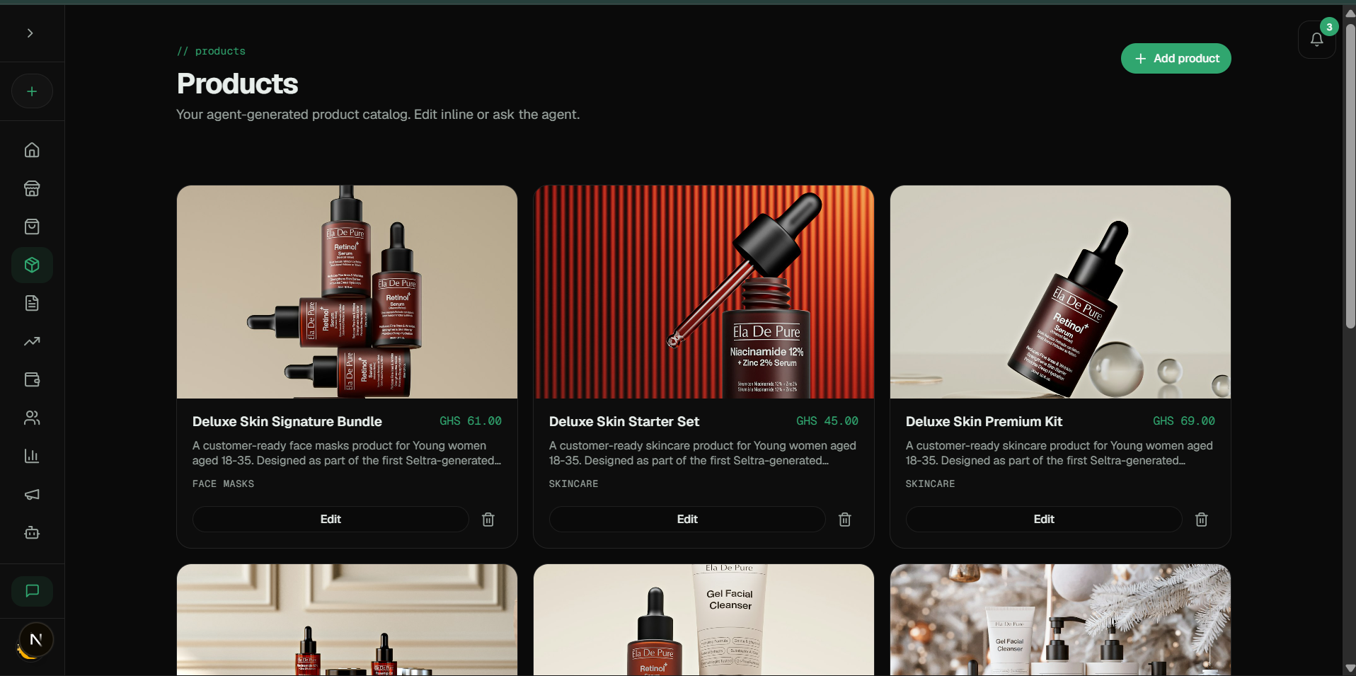 Seltra merchant dashboard showing the agent-generated product catalog